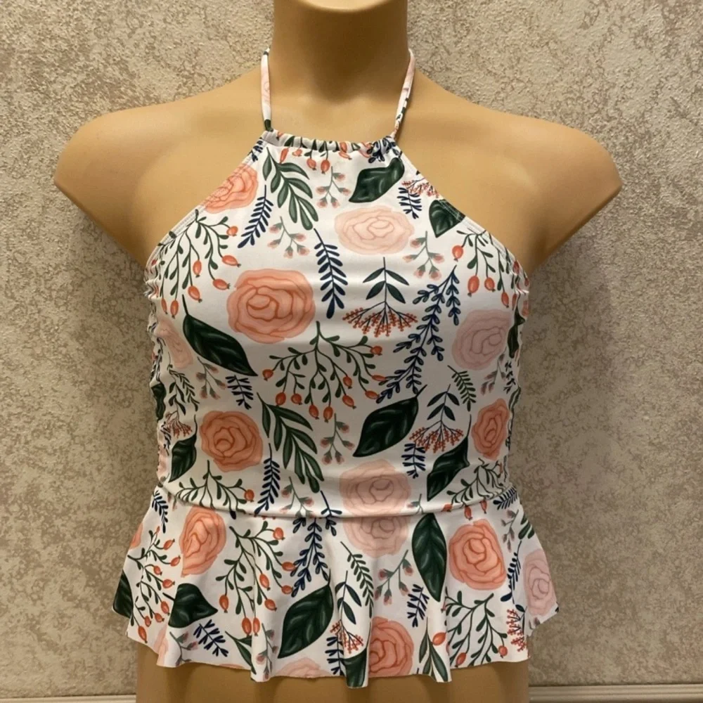SHEIN Floral Halter Bikini Top in Pink and Green